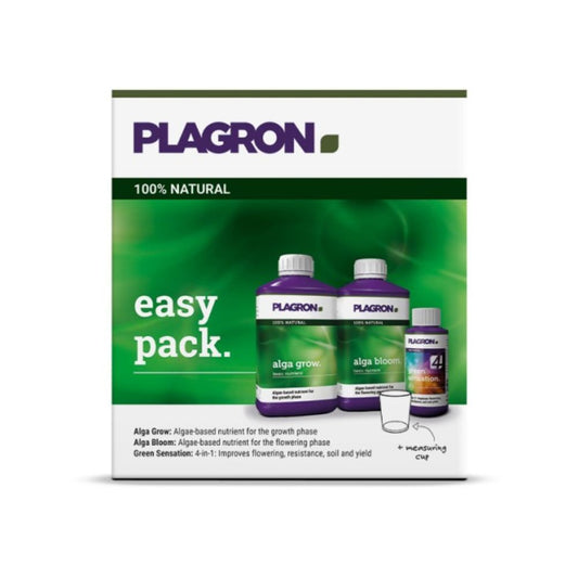 Das Plagron Easy Pack Natural von Bertels B.V. enthält drei Flaschen mit grünen und violetten Etiketten für „Alga Grow“ und „Alga Bloom“ sowie einen kleinen Messbecher. Es verwendet organischen Basisdünger und sorgt so für eine präzise Pflanzenernährung in einer kompakten Verpackung.