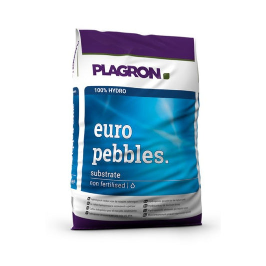 Eine Tüte Plagron Europebbles von Bertels B.V. zeigt ein blau-weißes Design mit violetter Oberseite und der Aufschrift „100 % Hydro“ und „Substrat, ungedüngt“. Sie enthält reine, salzfreie Tonkügelchen, die sich ideal für Hydrokultursysteme und Pflanzenanbau eignen.