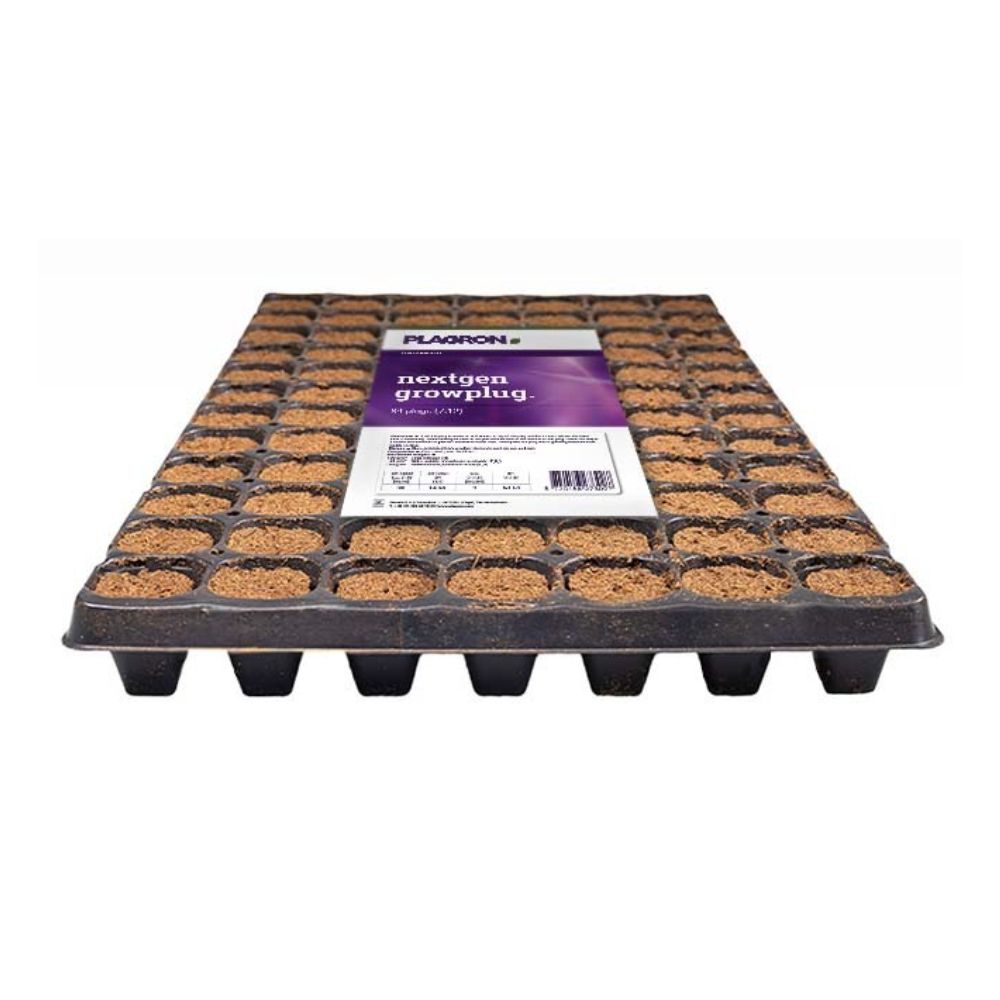 The Plagron NextGen Growplug from Bertels B.V. features 84 compartments filled with soil, enriched with coconut fibers for better root formation. It has a grid design that is ideal for planting and is equipped with a striking product information label on the surface.
