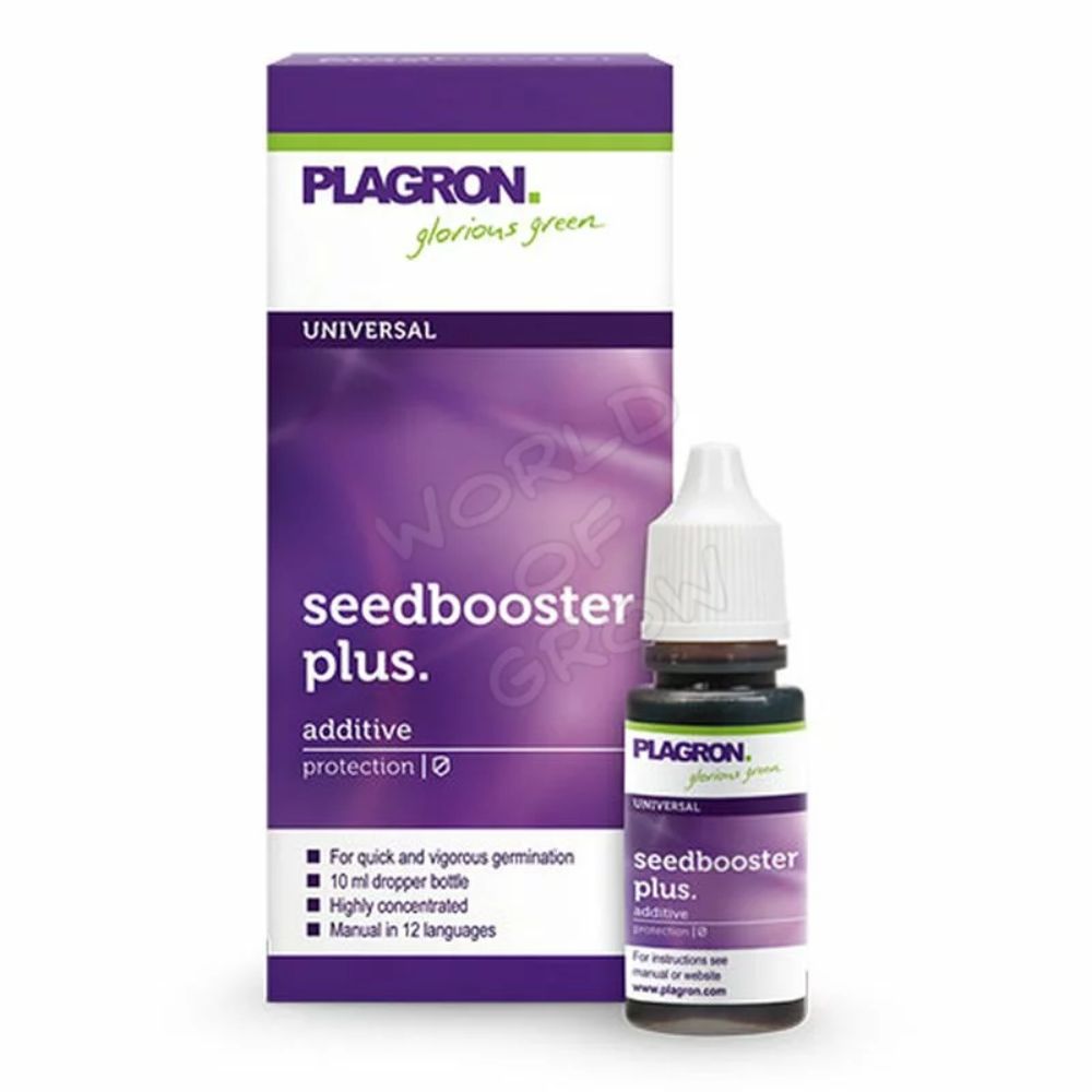 The image shows a bottle of Plagron Seedbooster Plus 10ml from Bertels B.V. next to its purple-white packaging. This important additive promotes the rapid germination of young plants. Instructions in 12 languages are included with the packaging.