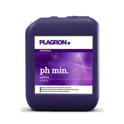 A purple container from Bertels B.V. labeled „Plagron pH Min“ is a universal pH regulator. Its purple gradient design makes this nutrient solution indispensable for enrichment and supplementation.