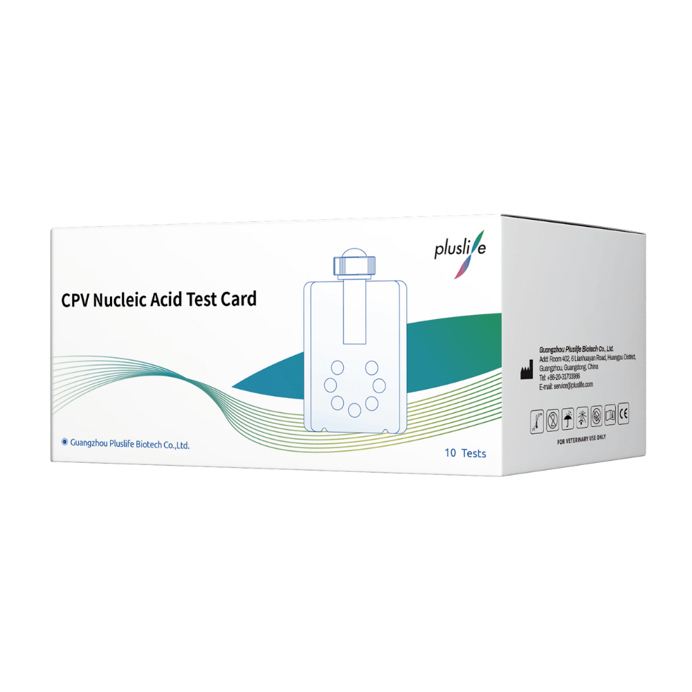 A white, rectangular box with the inscription “Pluslife CPV Card, Test Kit for Dogs | Pack (10 pieces)” and the “Pluslife” logo in the upper right corner. The box, intended for the detection of canine parvovirus, contains an image of the test card and lists with 10 tests. Additional information and symbols can be found on the side of the box.