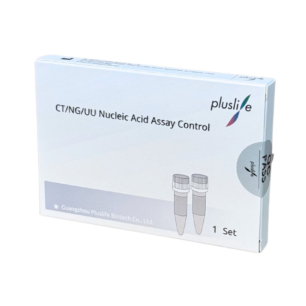 Box with Pluslife CT/NG/UU Nucleic Acid PCR Control Kit, with RHAM technology for precise chlamydia diagnosis by Guangzhou Pluslife Biotech Co., Ltd. Contains a set, with white and blue packaging featuring two vial images.