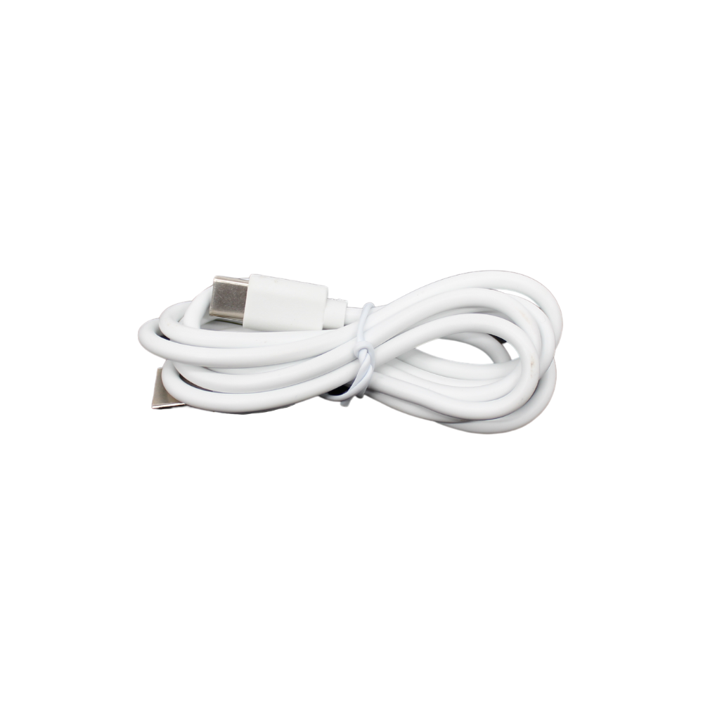 A coiled white Pluslife data transfer cable USB-C rests elegantly on a plain white background, conveying a sense of simplicity and functionality.