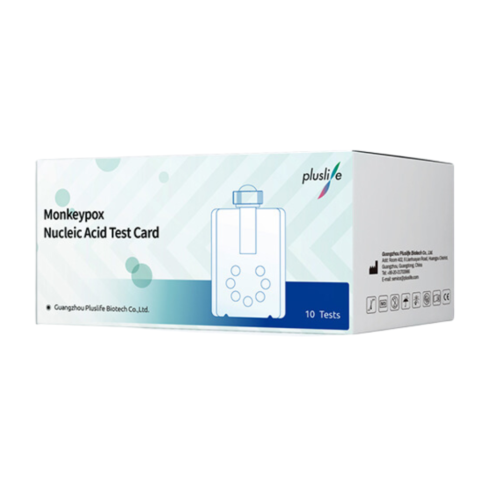 A white box labeled “Pluslife Monkeypox Virus Nucleic Acid Test Card | Pack (10 pieces)” is visible. It shows a simple line drawing of a vial as well as the Pluslife logo and that of Guangzhou Pluslife Biotech Co., Ltd. This portable diagnostic system uses isothermal amplification technology to detect the monkeypox virus.