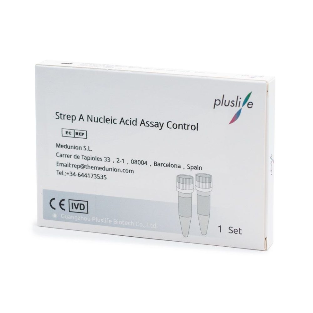 On a box labeled "Pluslife Strep A Nucleic Acid PCR Control Kit," the contact details of Medunion S.L. in Barcelona, Spain, can be seen. The packaging, designed for Strep A diagnostics, contains images of tubes as well as logos and regulatory symbols.