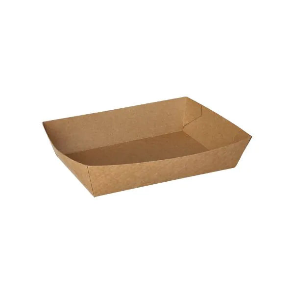 Die PAPSTAR 50 Snacktrays, Pappe "pure" - braun der PAPSTAR GmbH sind schlichte, rechteckige braune Papierschalen mit erhöhtem Rand - ideal als umweltfreundliche Einweg-Snacktrays. Abgebildet auf weißem Hintergrund.