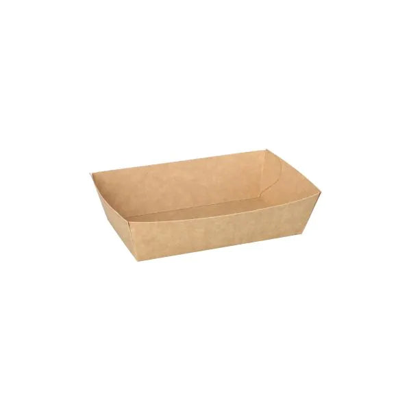 Die PAPSTAR GmbH 50 Snacktrays, Pappe "pure" - braun, sind schlichte, braune, rechteckige Pappschalen mit abgeschrägten Seiten, hergestellt aus nachhaltigem Einwegmaterial und leer auf weißem Hintergrund abgebildet.