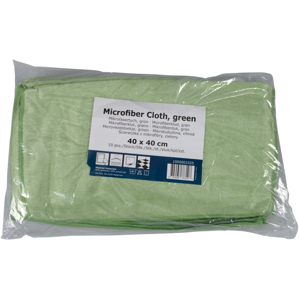 A 10-pack of Abena Re-Seller GmbH microfiber cloth Shiny-Stretch cloths, each 40x40 cm, is folded and sealed in a transparent plastic bag with multilingual labeling.