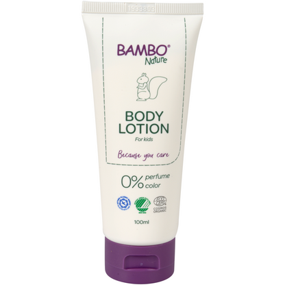 A 100 ml white tube of Bambo Nature body lotion from Abena Re-Seller GmbH, color and fragrance-free, with a purple cap, squirrel illustration, and hypoallergenic labels-perfect for sensitive skin; pack of 6 pieces.