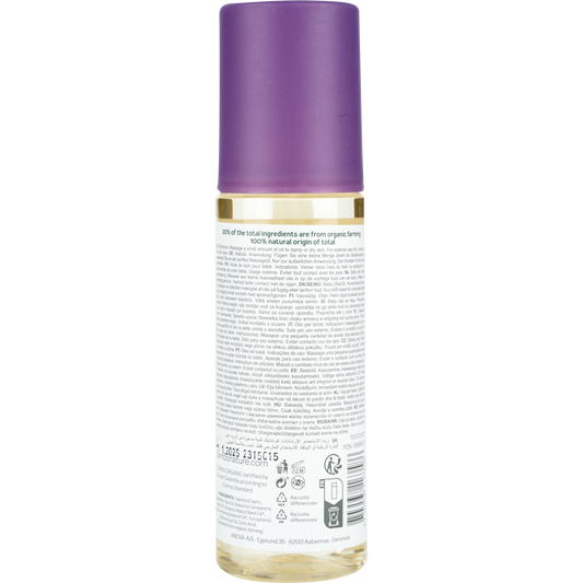 Eine klare Flasche mit lilafarbener Kappe und einem bedruckten Rückenetikett bietet Produktinfos und Inhaltsstoffe für Bambo Nature Babyöl (145 ml, farb- und parfümfrei) von Abena Re-Seller GmbH - ideal für die sanfte Babypflege und sensible Haut.