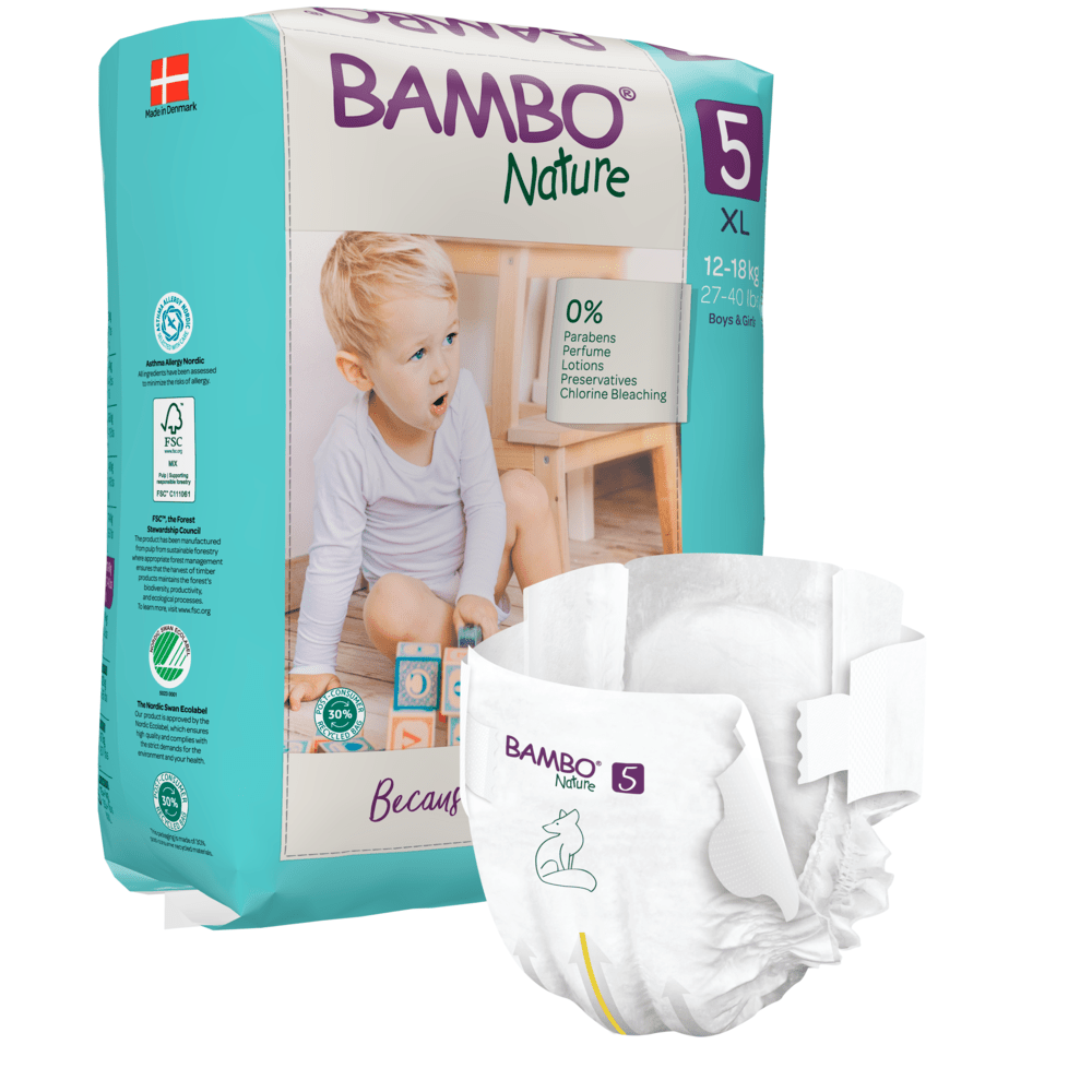 A pack of Bambo Nature XL diapers size 5 by Abena Re-Seller GmbH lies next to an unfolded diaper. The packaging features a child, product information, eco-certifications, and sustainable materials. Suitable for children weighing 12-18 kg.