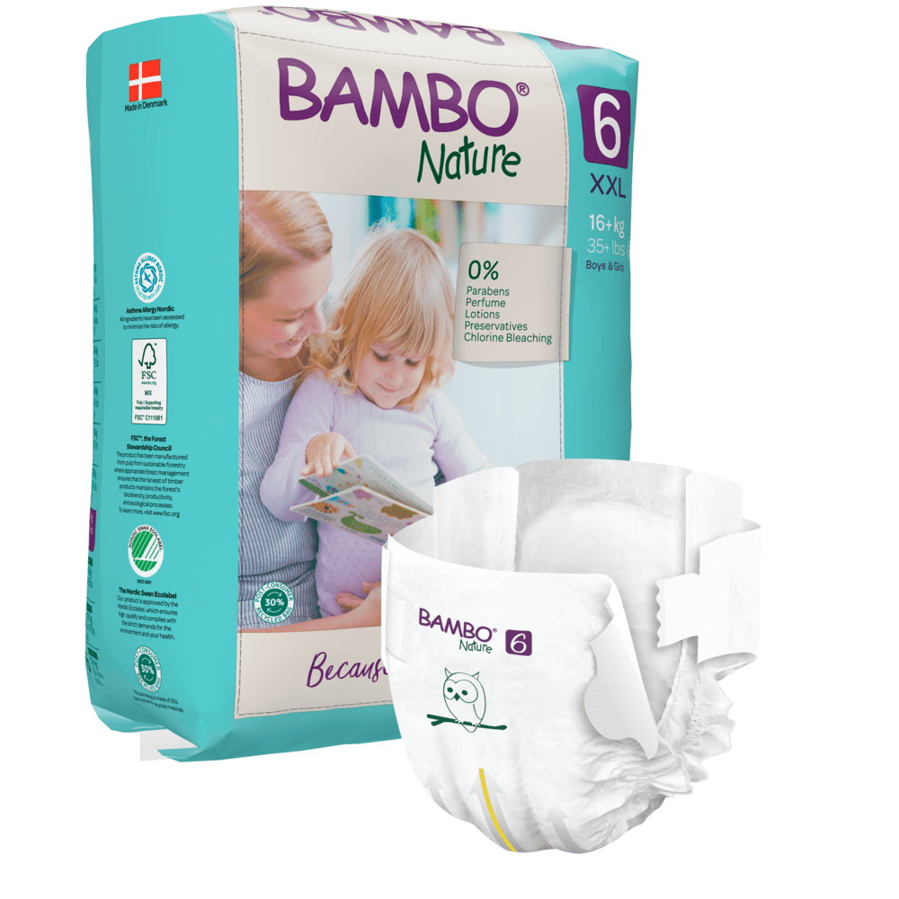 Pictured is a package of Bambo Nature by Abena Re-Seller GmbH, showing a woman and a child reading together. On the front is a size XXL 6 diaper that highlights the brand's logo and its sustainable materials for baby care.