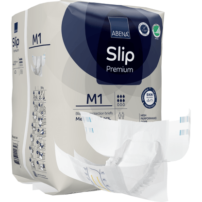 A package of ABENA Slip Premium from Abena Re-Seller GmbH is shown, with a slip partially removed to show the design. The packaging highlights product details and icons for key features.