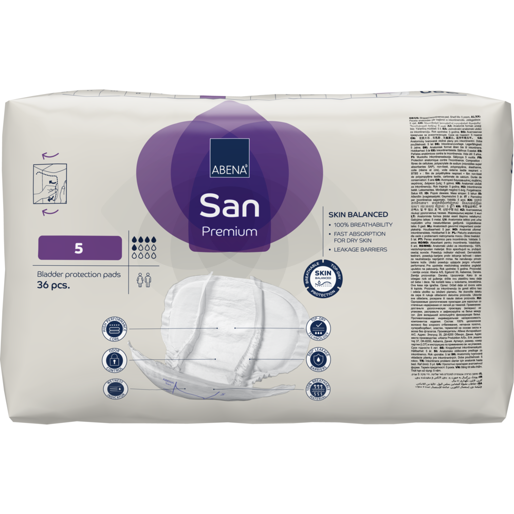 Eine Packung ABENA San Premium by Abena Re-Seller GmbH, Größe 5, enthält 36 Inkontinenzeinlagen mit hoher Saugfähigkeit, Hautbalance, schneller Absorption und starker Auslaufbarriere.