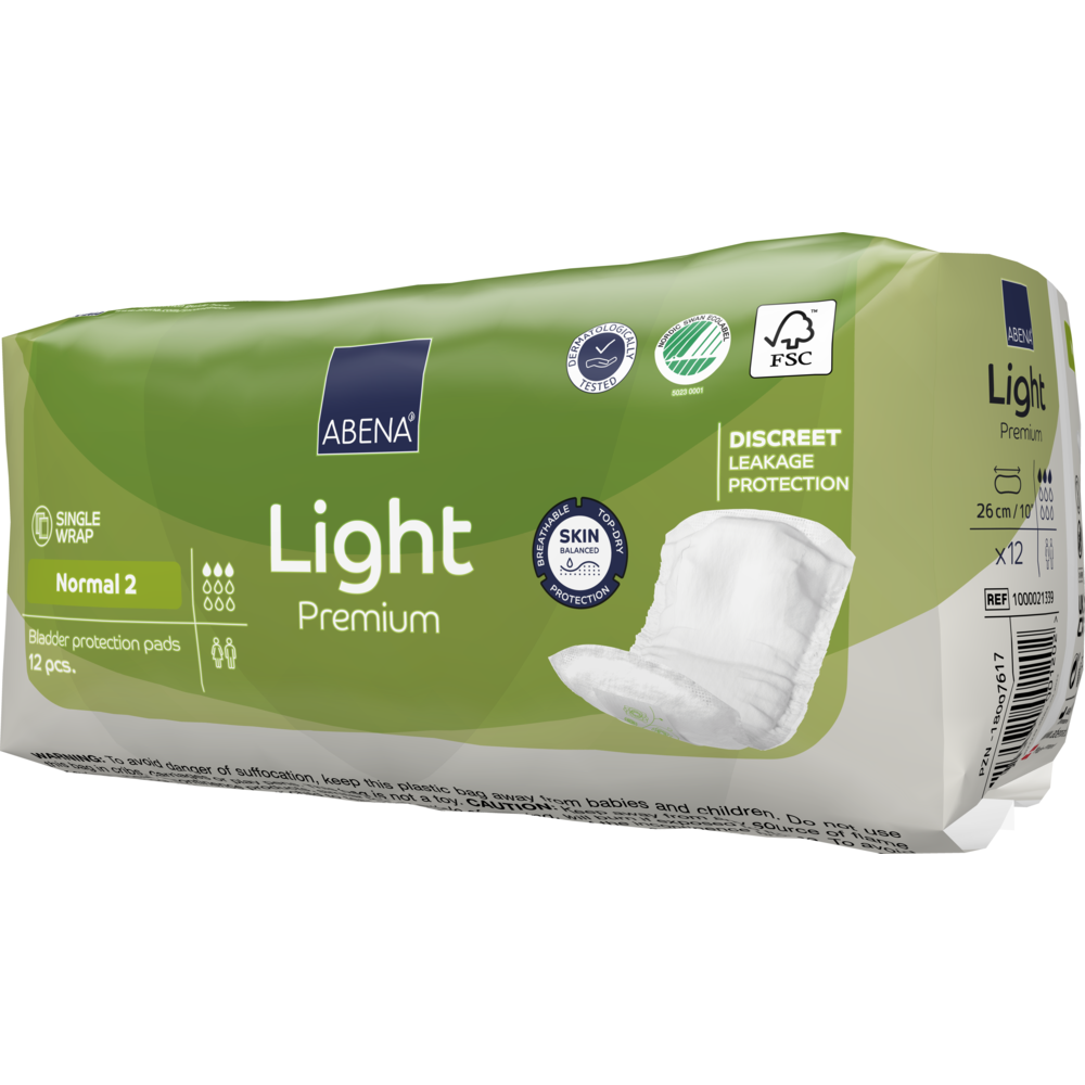 Eine grün-weiße Packung ABENA Light Normal 2, Premium von Abena Re-Seller GmbH enthält 12 Paar. Die Packung legt Wert auf diskreten Auslaufschutz und hautfreundliche Eigenschaften für eine zuverlässige Blasenunterstützung.