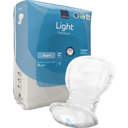 Eine Packung ABENA Light Super 4, Premium von Abena Re-Seller GmbH (30 Paare) ist neben einem einzelnen Pad abgebildet. Die Verpackung ist mit einem blau-weißen Branding versehen und bietet einen hochwertigen Blasenschutz.