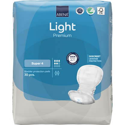 A pack of ABENA Light Super 4, Premium from Abena Re-Seller GmbH contains 30 pads. The blue-gray packaging is provided with product information and certification logos on the front.