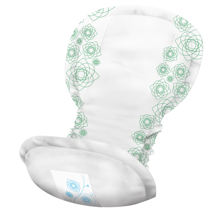 A disposable diaper from Abena Re-Seller GmbH with white base fabric with green geometric motifs, structured inner lining, and blue print label on the front. Ideal as an incontinence pad like ABENA Light Super 4, Premium | Pack (30 pieces).