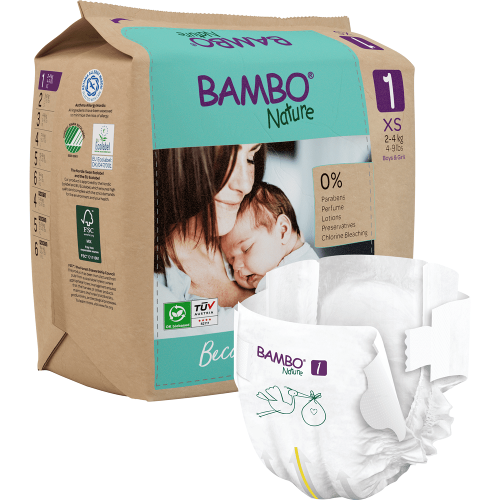 A pack of Bambo Nature diapers by Abena Re-Seller GmbH, size XS for 2-4 kg babies. The packaging shows a mother holding her baby, eco-friendly details, information on sustainable materials, and a close-up of a diaper in the foreground.