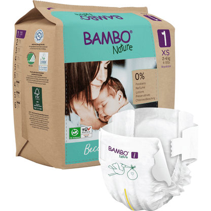 A pack of Bambo Nature diapers by Abena Re-Seller GmbH, size XS for 2-4 kg babies. The packaging shows a mother holding her baby, eco-friendly details, information on sustainable materials, and a close-up of a diaper in the foreground.