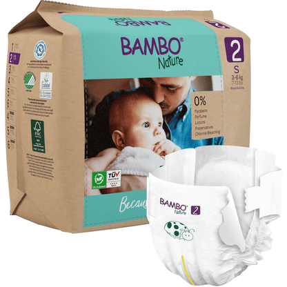 A pack of Bambo Nature diapers by Abena Re-Seller GmbH for babies weighing 3-6 kg shows on the packaging a baby being held by an adult and a single diaper with green and purple lettering on the front.