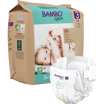 A pack of Bambo Nature by Abena Re-Seller GmbH with eco-friendly size 3 diapers shows a smiling baby. On the front is a diaper displaying its design and lettering - ideal for conscious baby care.