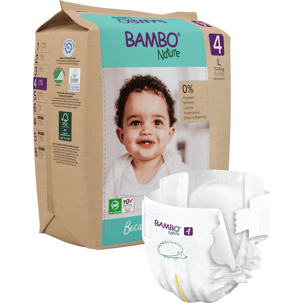 A pack of Bambo Nature diapers by Abena Re-Seller GmbH shows a smiling baby on the front, while a single diaper displays the Bambo Nature logo and a hedgehog graphic, indicating sustainable materials for gentle baby care.