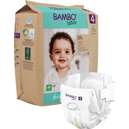 A pack of Bambo Nature diapers by Abena Re-Seller GmbH shows a smiling baby on the front, while a single diaper displays the Bambo Nature logo and a hedgehog graphic, indicating sustainable materials for gentle baby care.