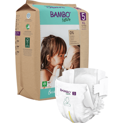 Pictured is a pack of Bambo Nature diapers by Abena Re-Seller GmbH, showing two children touching noses. An eco-friendly size XL 5 diaper is depicted outside the pack, highlighting the sustainable design and materials.