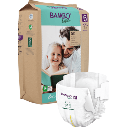 A package of Bambo Nature by Abena Re-Seller GmbH, size 6 XXL, shows a smiling child and an adult. On the front is a single diaper highlighting its design, fasteners, and sustainable materials for gentle baby care.