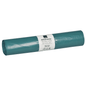 A roll of blue Abena Re-Seller GmbH LDPE trash bags 140 L (900x1100 mm, 38 my, 25 bags/roll) with a white label containing the details "trash bags", "trash bags", size specifications and recycling symbols.