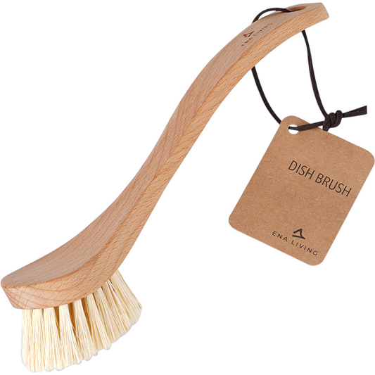 Die ENA Living Spülbürste mit harten Borsten von Abena Re-Seller GmbH (12er-Pack, Karton) hat einen Holzgriff, eine braune Schnur und wird mit einem Pappanhänger geliefert - ideal für die effektive Reinigung vor weißem Hintergrund.