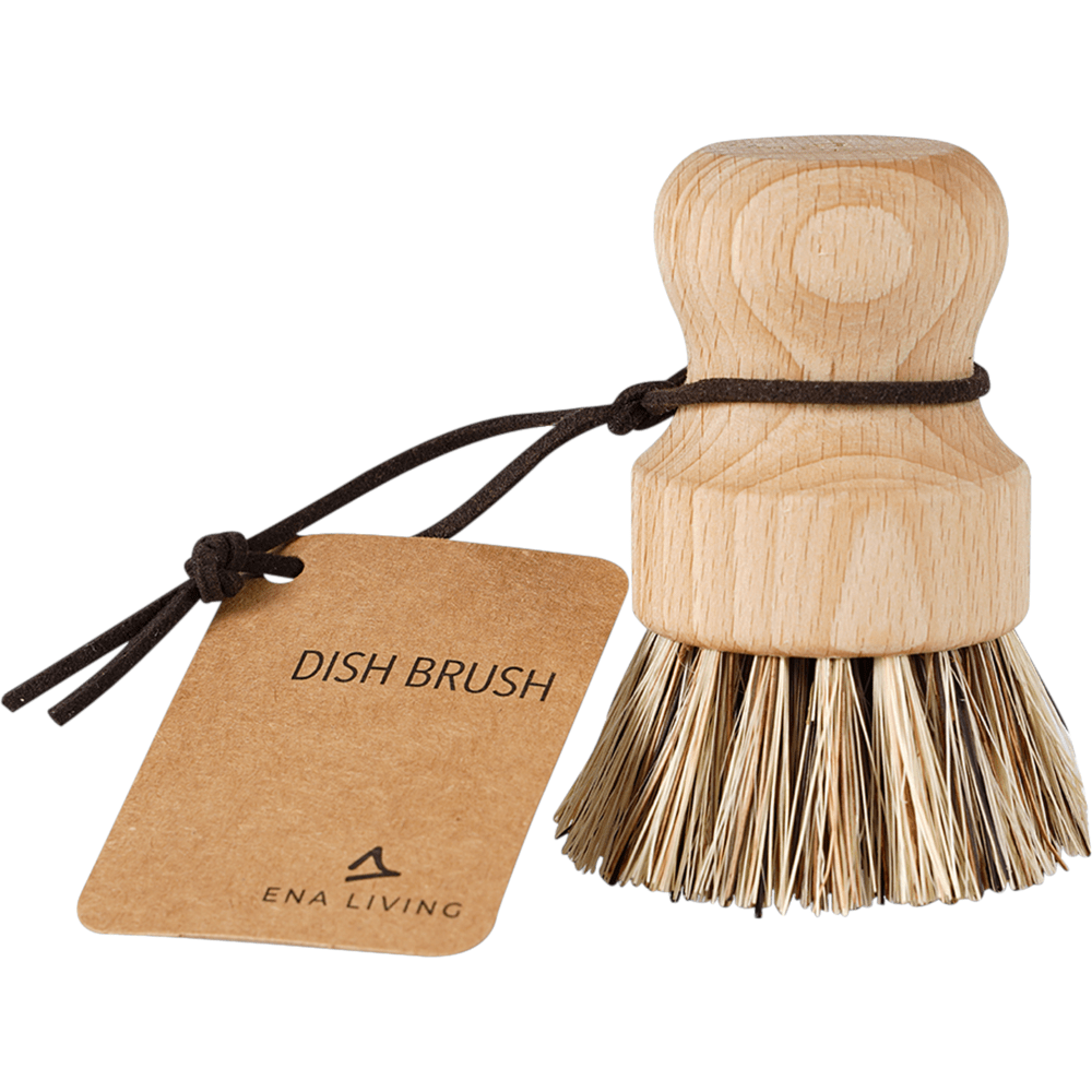 The ENA Living pot brush with stiff bristles from Abena Re-Seller GmbH in a box (12 packs) has a short, round handle and brown cord with "DISH BRUSH" tag - ideal for effective cleaning in the kitchen.
