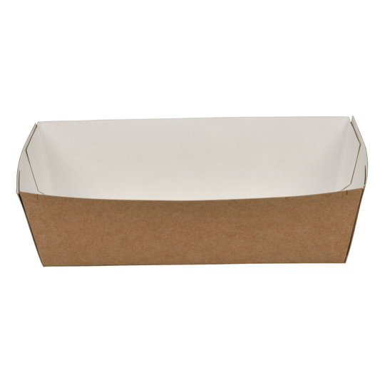 Die Pommes Schale, Kraft von Abena Re-Seller GmbH ist eine schlichte, rechteckige braune Kraftpapierschale mit weißem Innenleben - eine umweltfreundliche Lebensmittelverpackung, die leer vor weißem Hintergrund gezeigt wird.