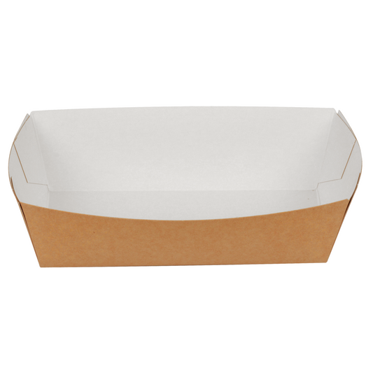Die Pommes Schale, Kraft, Medium von Abena Re-Seller GmbH (Packung mit 90 Stück) ist eine umweltfreundliche rechteckige Schale aus braunem Kraftpapier mit weißer Innenseite, schlicht vor weißem Hintergrund fotografiert.