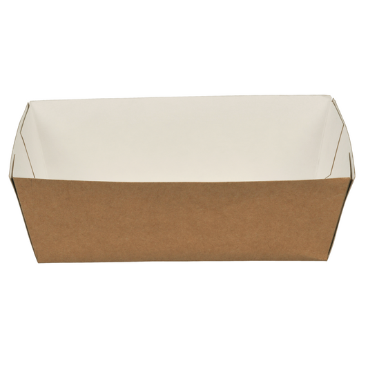 Die Abena Re-Seller GmbH Pommes Schale, Kraft ist ein rechteckiger, nach oben offener Behälter aus braunem Kraftpapier mit weißem Innenfutter - eine umweltfreundliche Verpackung für Ihre Lebensmittel, hier aus einem leicht erhöhten Winkel vor weißem Hintergrund.