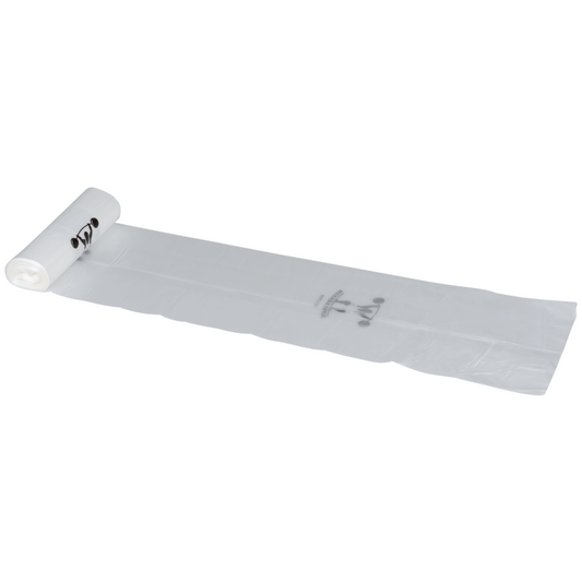 Eine teilweise abgerollte Rolle der Abena Re-Seller GmbH Abfallsäcke 120 L, 25 my LLDPE, Transparent (Rolle mit 10 Beuteln) zeigt flache, längliche Beutel mit schwarzem Aufdruck und Symbolen.