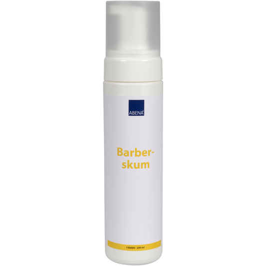 Eine weiße Flasche mit der Aufschrift "Rasierschaum, 200 ml" der Abena Re-Seller GmbH mit klarem Verschluss steht aufrecht vor einem schlichten weißen Hintergrund - milder Schaum im Karton (6 Packungen), ideal für eine gründliche Rasur.