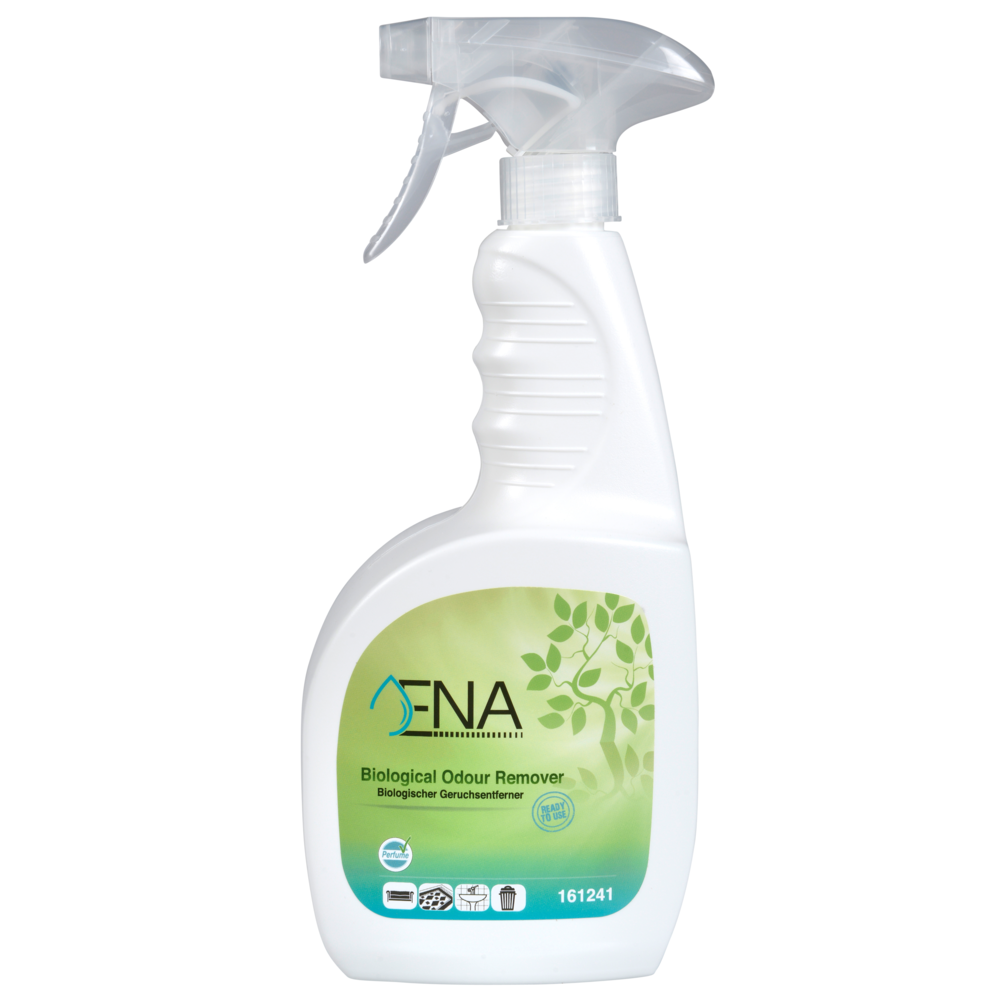 Die weiße Sprühflasche mit der Aufschrift "ENA Biologischer Geruchsentferner" der Abena Re-Seller GmbH hat ein grün-weißes Design mit Blattgrafik und einen klaren Sprühkopf mit Trigger.