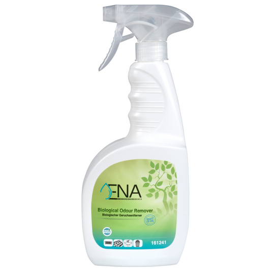 Die weiße Sprühflasche mit der Aufschrift "ENA Biologischer Geruchsentferner" der Abena Re-Seller GmbH hat ein grün-weißes Design mit Blattgrafik und einen klaren Sprühkopf mit Trigger.