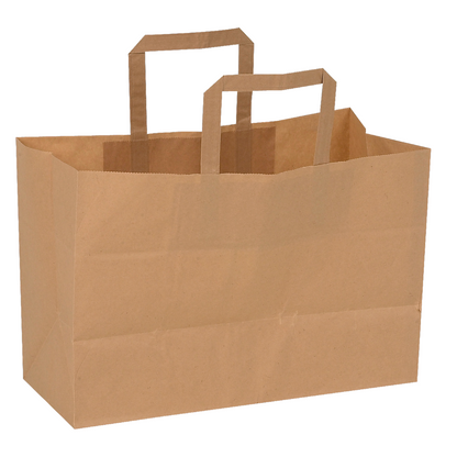 Die braune "Papiertragetasche mit Griff" von Abena Re-Seller GmbH steht aufrecht vor weißem Hintergrund - eine umweltfreundliche Wahl für nachhaltiges Einkaufen.