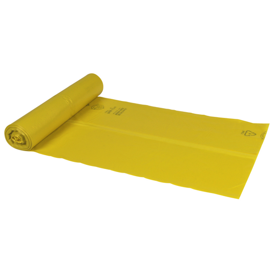 Abgebildet ist eine teilweise abgerollte Rolle der Abena Re-Seller GmbH Abfallsäcke 120 L, 700x1100 mm, 34 my LDPE in gelb (25 Beutel/Rolle) auf weißem Hintergrund. Auf den gelben Säcken sind Recycling- und Materialinfosymbole aufgedruckt.