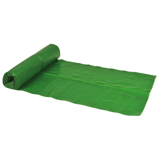 Eine Rolle der Abena Re-Seller GmbH Abfallsäcke 120 L, 700x1100 mm, 34 my LDPE in grün (Rolle mit 25 Beuteln) wird auf weißem Hintergrund teilweise abgerollt gezeigt; die Säcke sind neu, unbenutzt und mit sichtbaren Recycling-Symbolen versehen.