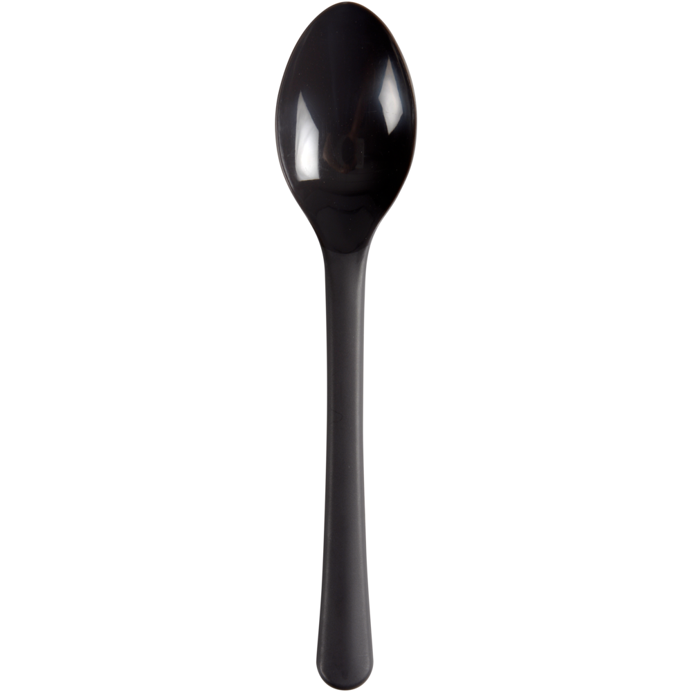 A black reusable spoon (18.5 cm) made of PP from Abena Re-Seller GmbH (pack of 50 pieces) lies on a white background. This eco-friendly cutlery is ideal for sustainable daily use.