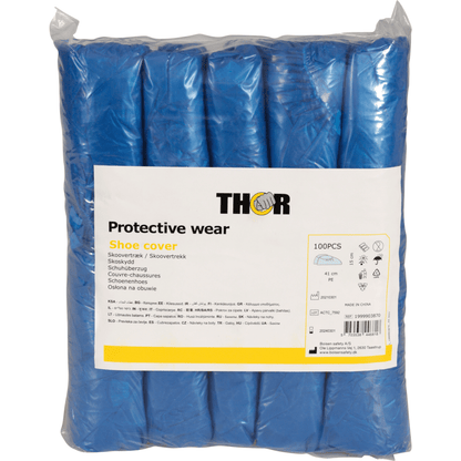 A transparent plastic package with 100 blue disposable PE shoe covers (41x15 cm), labeled with "Clearance Item: Thor Overshoes" by Abena Re-Seller GmbH, with product details and translations on the front.