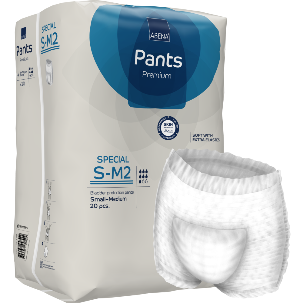 Eine Packung ABENA Pants Special Premium von Abena Re-Seller GmbH, Größe S-M2 (20 Stück), abgebildet neben einer aufgeklappten weißen Erwachsenenhose. Die Verpackung betont den Hautschutz und die zusätzlichen Gummizüge.