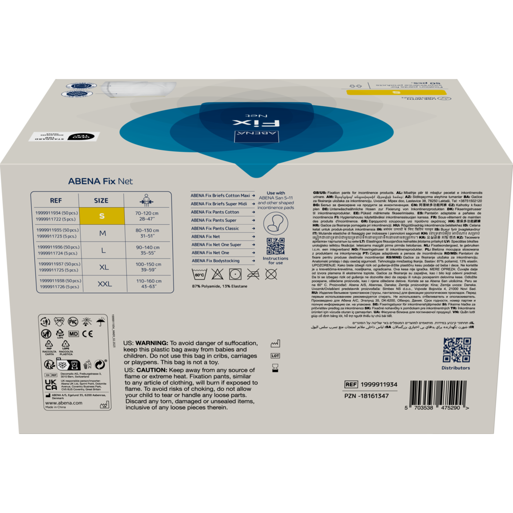 Auf einer weißen Box mit der Aufschrift "Fixierhosen, ABENA Fix, Net" befinden sich Produktinfos, Größentabelle (S-XL), Barcode, QR-Code, Warnhinweise, Symbole für Inkontinenzprodukte und Fixierhosen sowie auf der Rückseite Angaben zum Vertriebspartner Abena Re-Seller GmbH.