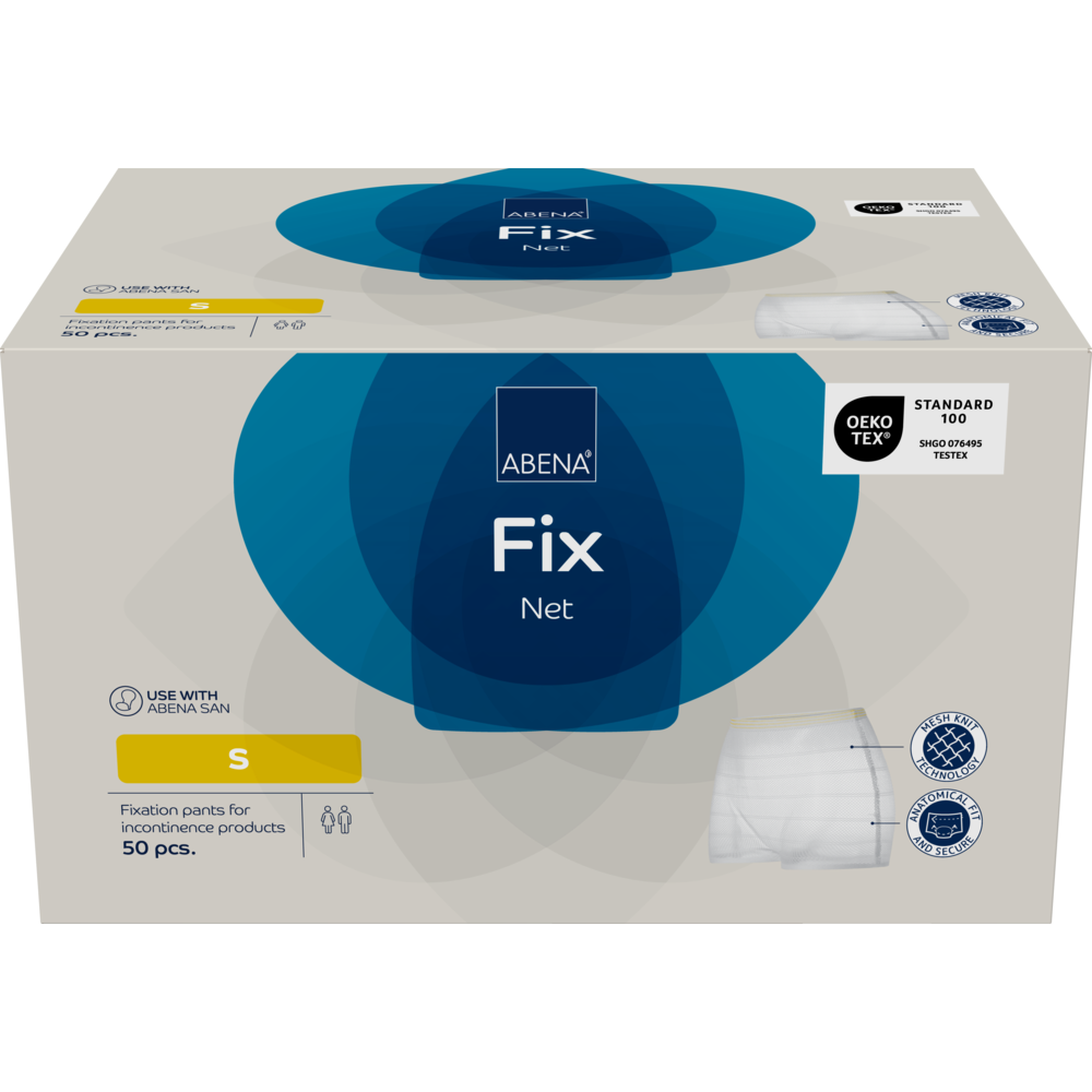 Eine Schachtel Fixierhosen, ABENA Fix, Net von Abena Re-Seller GmbH, Größe klein, ideal für Inkontinenzprodukte; enthält 50 Stück mit Produktinformation, Zertifizierungslogos und einem Hosenbild auf der Verpackung.