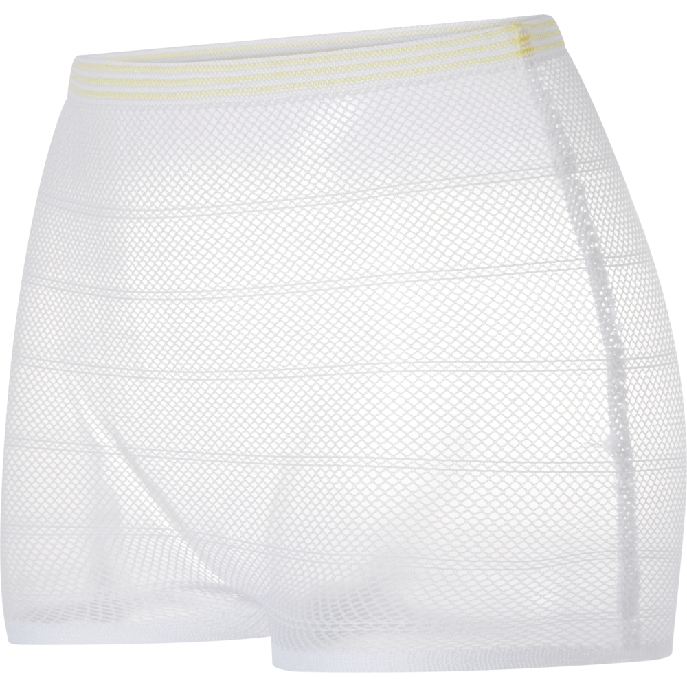 Die ABENA Fix Net Fixierhosen von Abena Re-Seller GmbH sind weiße Netzunterwäsche mit einem elastischen gelben Bund und feinem Netzmuster, ideal für die Verwendung mit Inkontinenzprodukten. Abgebildet auf einfarbig weißem Hintergrund.